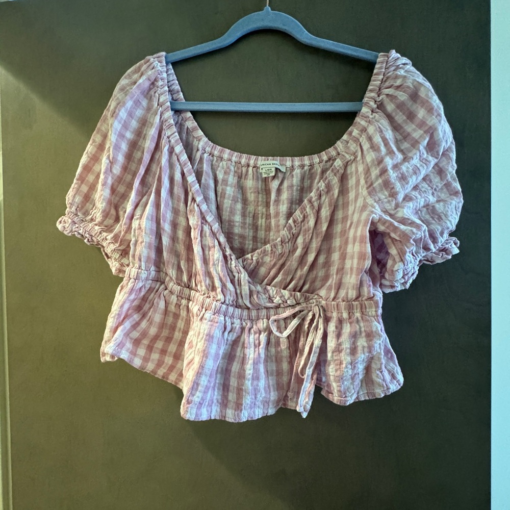 Pink and White Gingham Women's Wrap Top